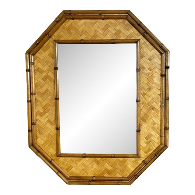Vintage Bamboo Rattan Octagonal Shape Mirror Coastal Boho For Sale