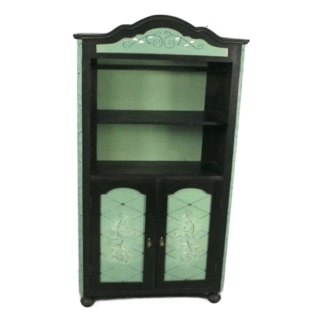 Small Buffet China Cabinet in Dark Walnut and Green, 1850s For Sale