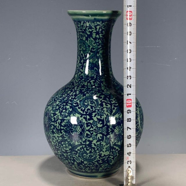 Ceramic Vintage Chinese Celadon Ground Blue & White "Lotus Scroll" Vase, Yongzheng Mark For Sale - Image 7 of 9