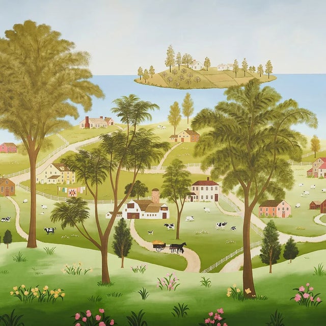 Based on artwork created in our studio, this expansive scenic wallpaper features an idyllic coastal landscape with a naive...