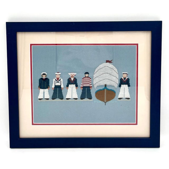 Navy Blue Late 20th Century Coastal Nautical Maritime Sailors Needlework Framed and Matted For Sale - Image 8 of 10