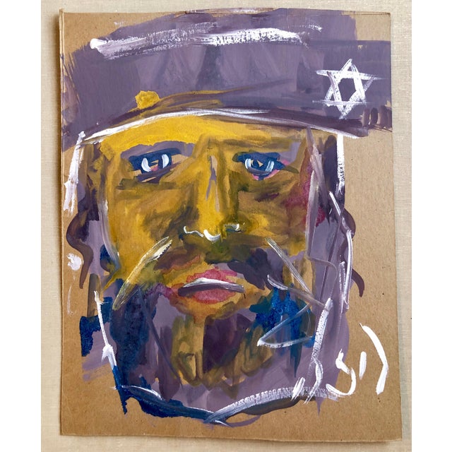 Early 20th Century Outsider Folk Art Expressionist Rabbi Israeli Painting Signed Hebrew Jewish Star For Sale - Image 5 of 7