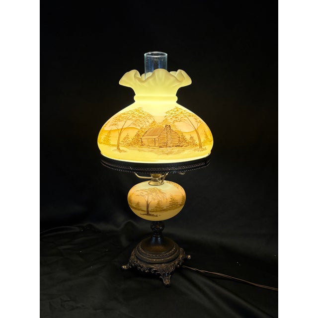 Fenton Log Cabin Hurricane Lamp Hand Painted on Custard Glass For Sale In Washington DC - Image 6 of 14