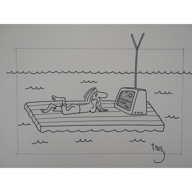 Alain TREZ [Press drawing] Télé à la Mer, Mer à la Télé Original ink drawing Signed lower right On 25 x 32 cm thick paper...