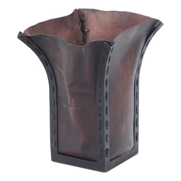 An Iron and Leather Waste Basket, in the Manner of Jean-Michel Frank. For Sale