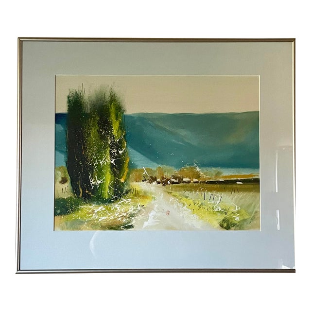 Late 20th Century Mid-Century Modern Abstract Landscape Mixed Media Painting by S. Shin - Framed For Sale