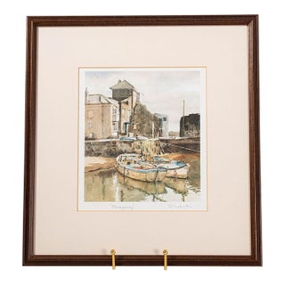 Mid Century Signed Original Watercolor of Cornwall Harbour For Sale
