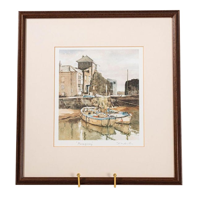 Mid Century Signed Original Watercolor of Cornwall Harbour For Sale