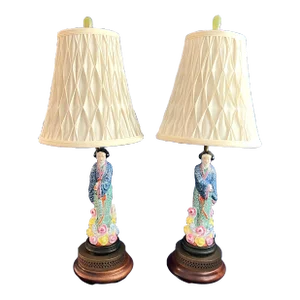Mid 20th Century Chinoiserie Famille Rose Figurine Lamps—A Pair