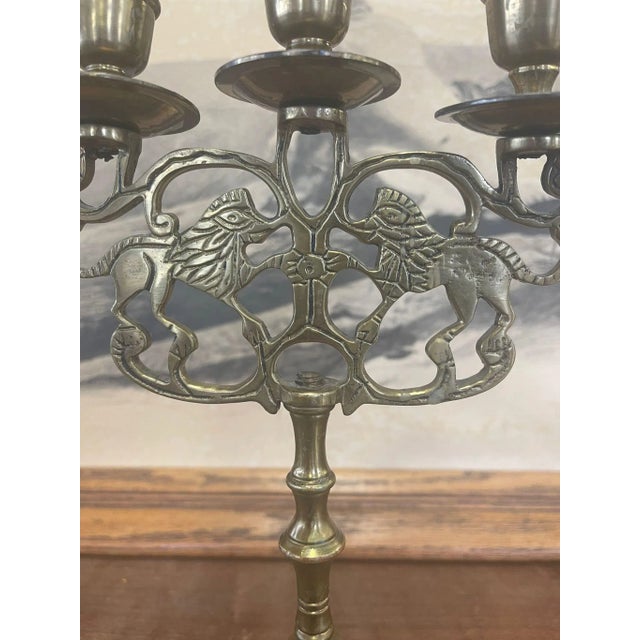 Vintage Gold Toned Candelabra With Lion Motif For Sale - Image 4 of 9