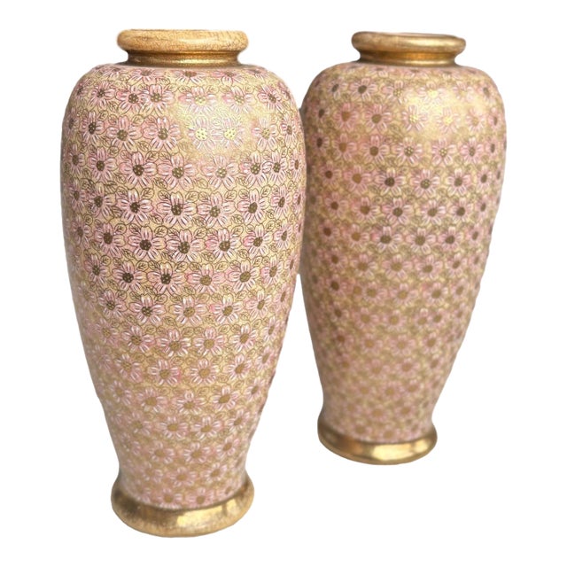 Pair of 19th Century Pink & Gold Meiji Period Kyo-Satsuma Vases For Sale