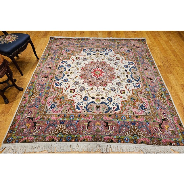 Vintage Tabriz Square Area Rug, Hand-Knotted Wool & Silk, Fine Medallion Floral Pattern, Ivory & Pale Pink, 7x7 For Sale - Image 4 of 16