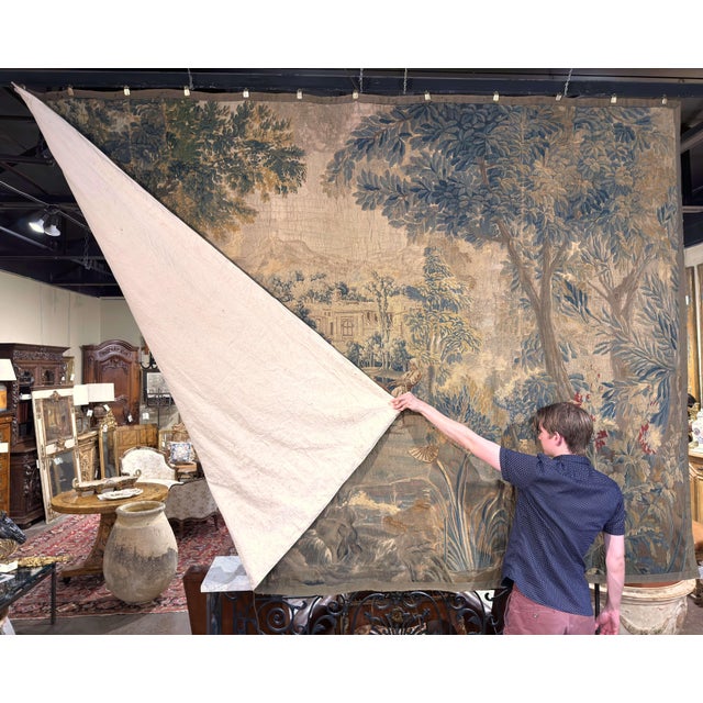 18th Century French Aubusson Pastoral Tapestry With Fishermen, Verdure & Castle For Sale - Image 12 of 12