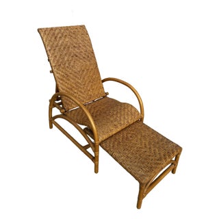 Vintage Reclining Rattan Bamboo Chaise Lounge With Footrest For Sale