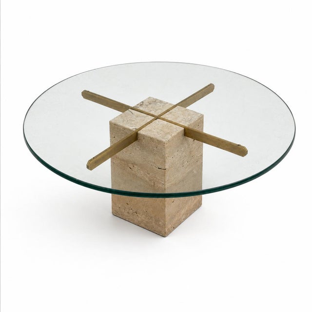 Vintage Round Travertine and Brass Coffee Table with Glass Top For Sale - Image 6 of 7