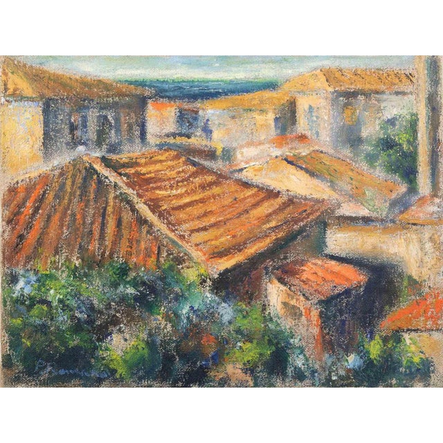 Pino Romanò, Roofs, Oil Painting, 1990s For Sale