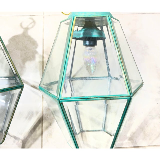 Turquoise 1980s Stunning Pair of Vintage Solid Brass & Glass Geometric Hanging Lanterns - a Pair For Sale - Image 8 of 16
