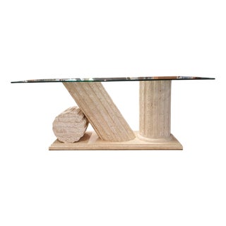 Vintage Neo Classic Natural Mactan Stone Dining Table with Glass Top, 1980s For Sale