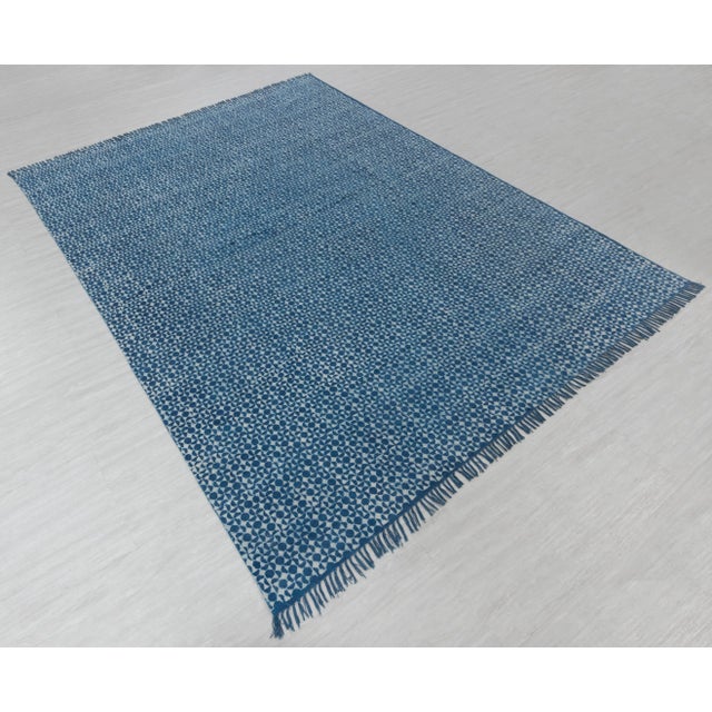 Blue Indigo Hand Woven Bohemian Cotton Flatweave Kilim Rug, Boho Blue Rug 5x7Ft. For Sale - Image 10 of 18