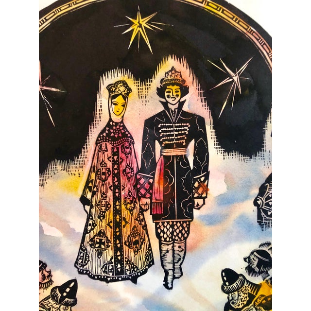 This depicts a wedding scene in a style of German Expressionism. hand signed and hand painted in watercolor. Ilya Shenker,...