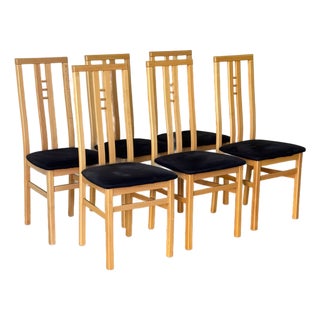 Mid 20th Century Italian Dining Chairs by Ims SRL - Maple Wood & Black Upholstery - Set of 6 For Sale