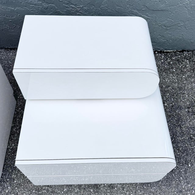 White Postmodern Galactic White Gloss Laminate Waterfall Nightstands - A Pair For Sale - Image 8 of 11
