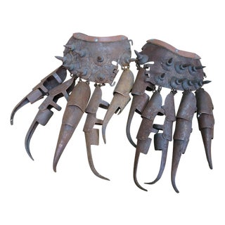 2 Antique Cantonese Tiger Claw Armored Metal Combat Spiked Gloves Chinoiserie For Sale