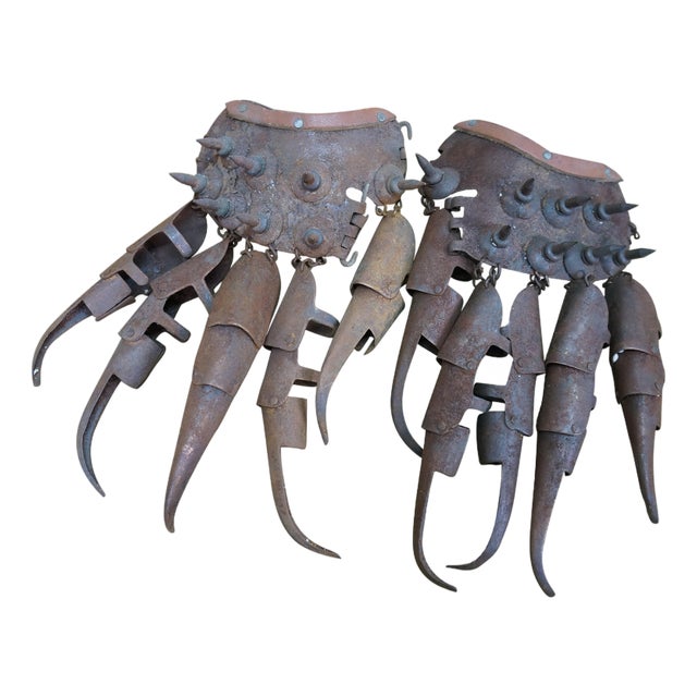 2 Antique Cantonese Tiger Claw Armored Metal Combat Spiked Gloves Chinoiserie For Sale