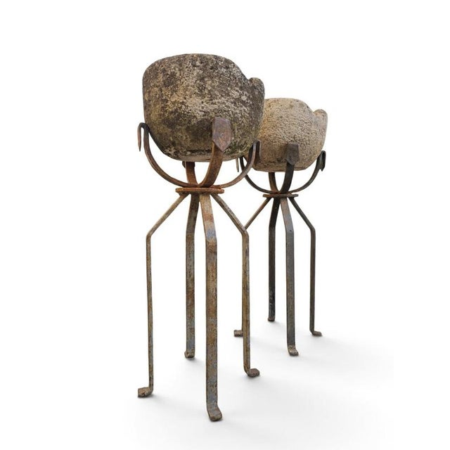 Metal 19th Century Carved Stone Planters on Wrought Iron Stands, 1880, Set of 2 For Sale - Image 7 of 10