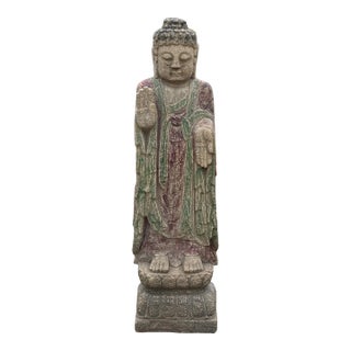 Chinese Rough Gray Stone Carved Standing Abhaya Mudra Buddha Statue For Sale