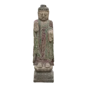 Chinese Rough Gray Stone Carved Standing Abhaya Mudra Buddha Statue
