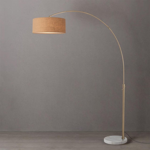 Mid-Century Modern 1960s 92" Nova of California Adjustable Floor Lamp - Mid Century Modern, White Marble Base, Weathered Brass, Burlap Linen Shade For Sale - Image 3 of 4