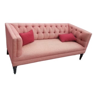 Vintage Drexel Tufted Pink Linen Sofa With Red Accent Pillows For Sale