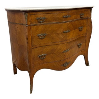 Mid 20th Century French Louis XV Style Marble Top Bombe Walnut Commode For Sale