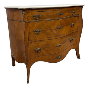 Mid 20th Century French Louis XV Style Marble Top Bombe Walnut Commode