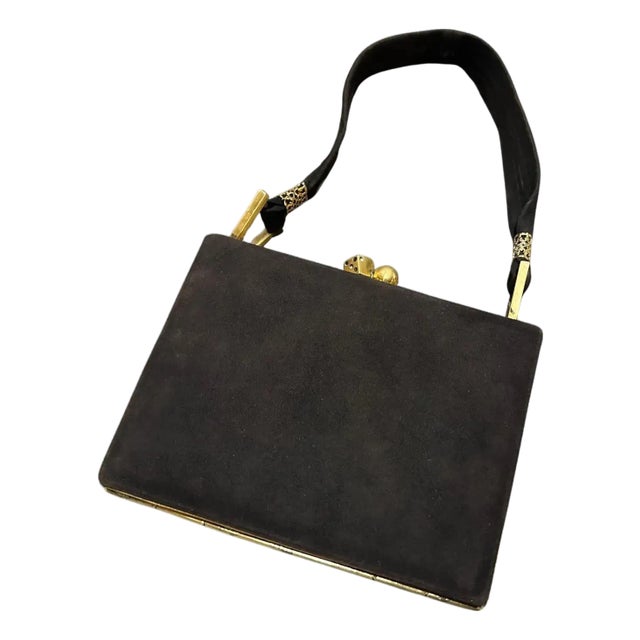 1950s Vintage Brown Suede and Brass Italian Cosmetic Bag For Sale