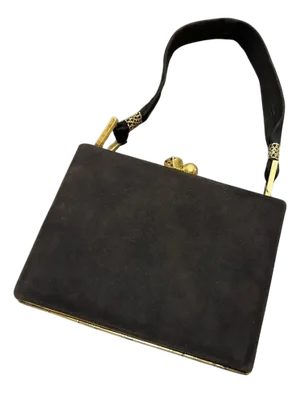 1950s Vintage Brown Suede and Brass Italian Cosmetic Bag