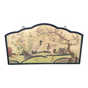 Vintage Massive Arched Chinoiserie Carved Wood Egret Birds Cherry Blossom Wall Hanging screenHeadboard