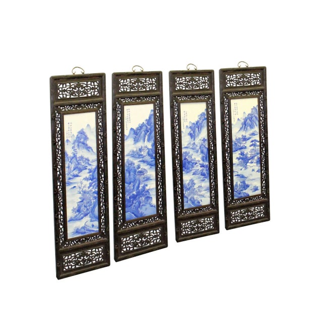 This is a four pieces porcelain painting wall decorative panels set. The blue and white part is made of porcelain and the...
