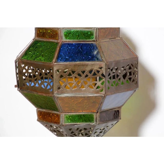 Moroccan Handcrafted Moroccan Metal and Multi-Color Glass Lantern Octagonal Diamond Shape For Sale - Image 3 of 13