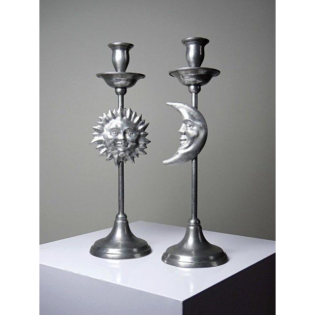 1960s Vintage Silver-Plated Pewter Sun and Moon Handcrafted Candlesticks, 1960s, Set of 2 For Sale - Image 5 of 14