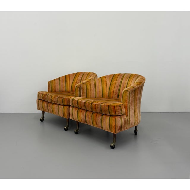 Burnt Orange Vintage Barrel Back Lounge Chairs on Brass Casters – Pair For Sale - Image 8 of 8