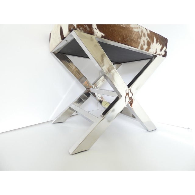 Vintage French Cowhide & Stainless Steel Footstool attributed to 23homedesign For Sale - Image 3 of 8