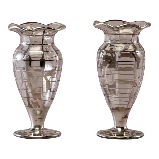 1940s Silver Overlay Glass Vases - a Pair For Sale