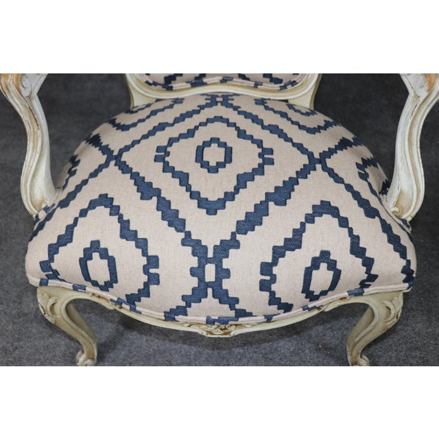 19th C Pair Louis XV French Paint Decorated Style Distressed Painted Armchairs For Sale - Image 10 of 13