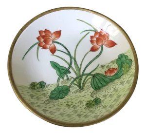 Mid-Century Modern Brass Lined Hand Painted Japanese PorcelainBowl Lined W/ Brass