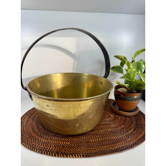 Copper Antique French Brass Preserving Pot With Iron Swing Handle and Copper Rivets For Sale - Image 8 of 9