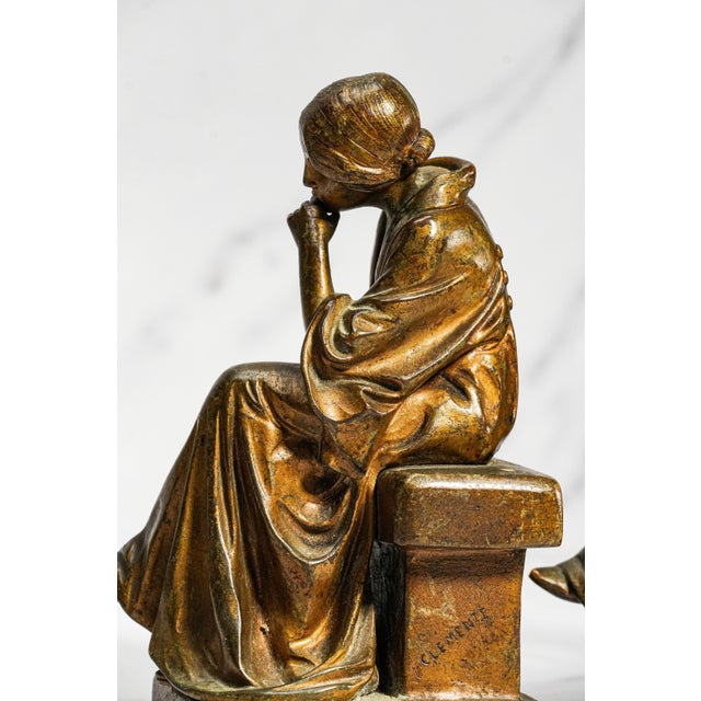 Bronze Rare Antique Bertolini Clemente “Pensive” Bronze Woman Figural Sculpture Statue Bookends Ovington New York Luxury Home Decor Art For Sale - Image 8 of 18