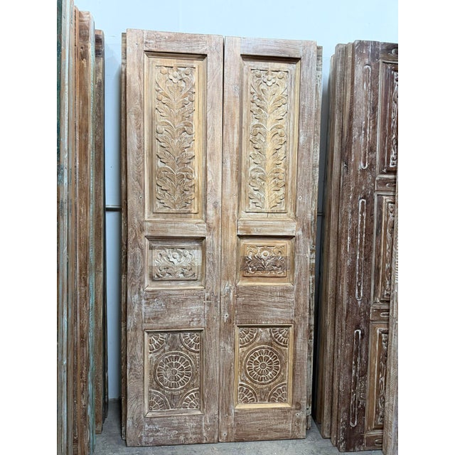 Antique Floral Carved Pantry Doors | Rustic Farmhouse Double Doors | Hand-Carved Wood Hinged or Sliding Entry For Sale In Orlando - Image 6 of 7