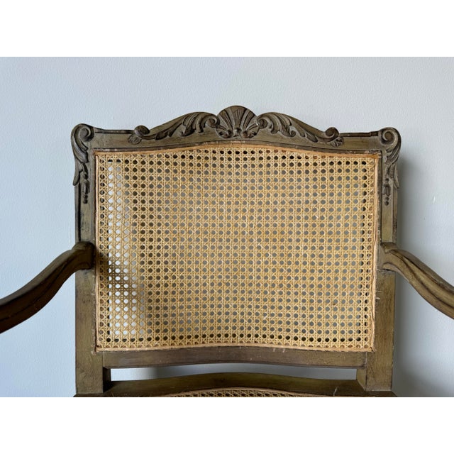 1970s Hollywood Regency French Louis XV Style Carved Wood Cane Fauteuil Armchair For Sale - Image 4 of 12